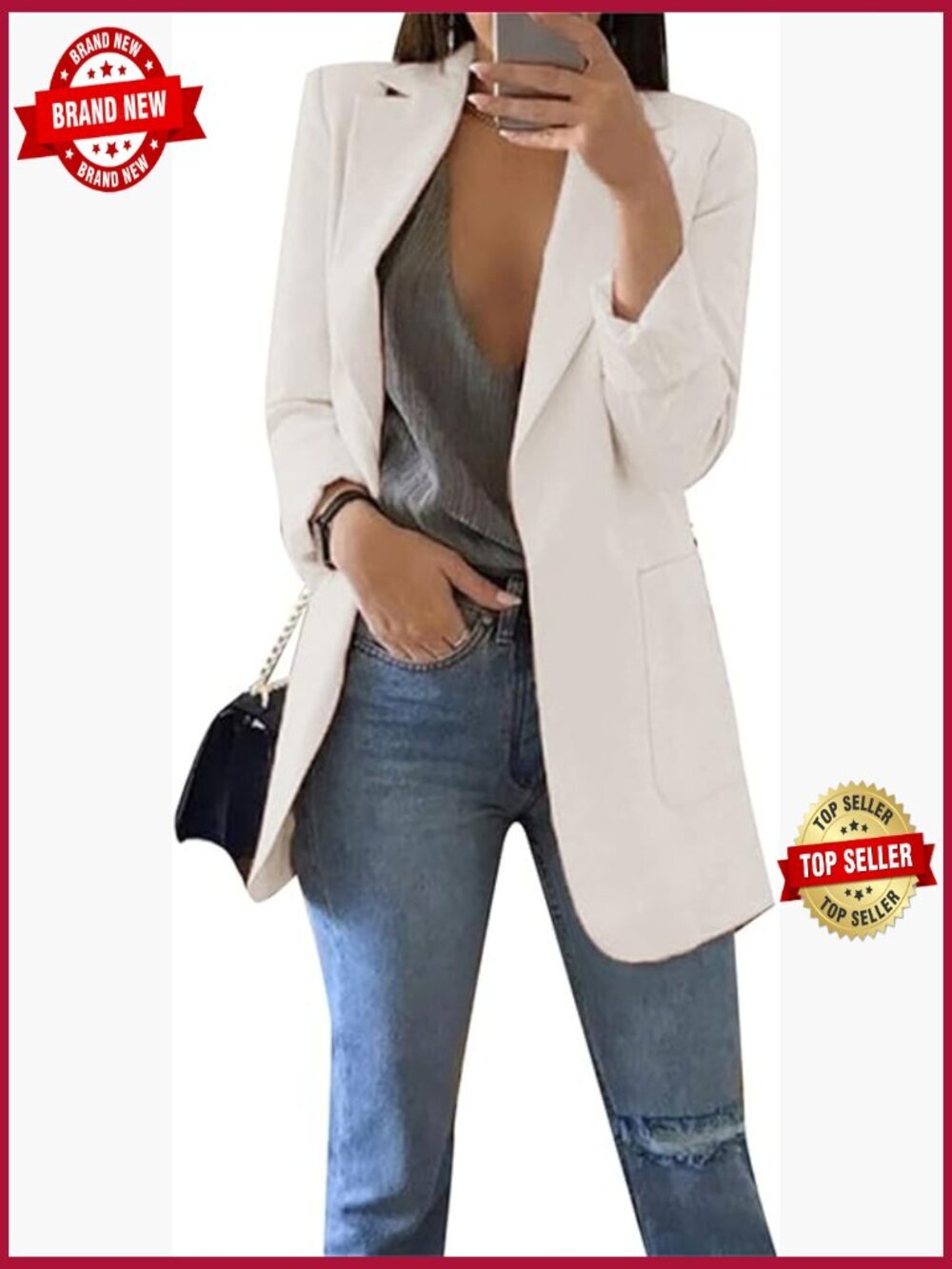 Womens Open Front Blazer Long Sleeve Office Jacket Cardigan with Pockets